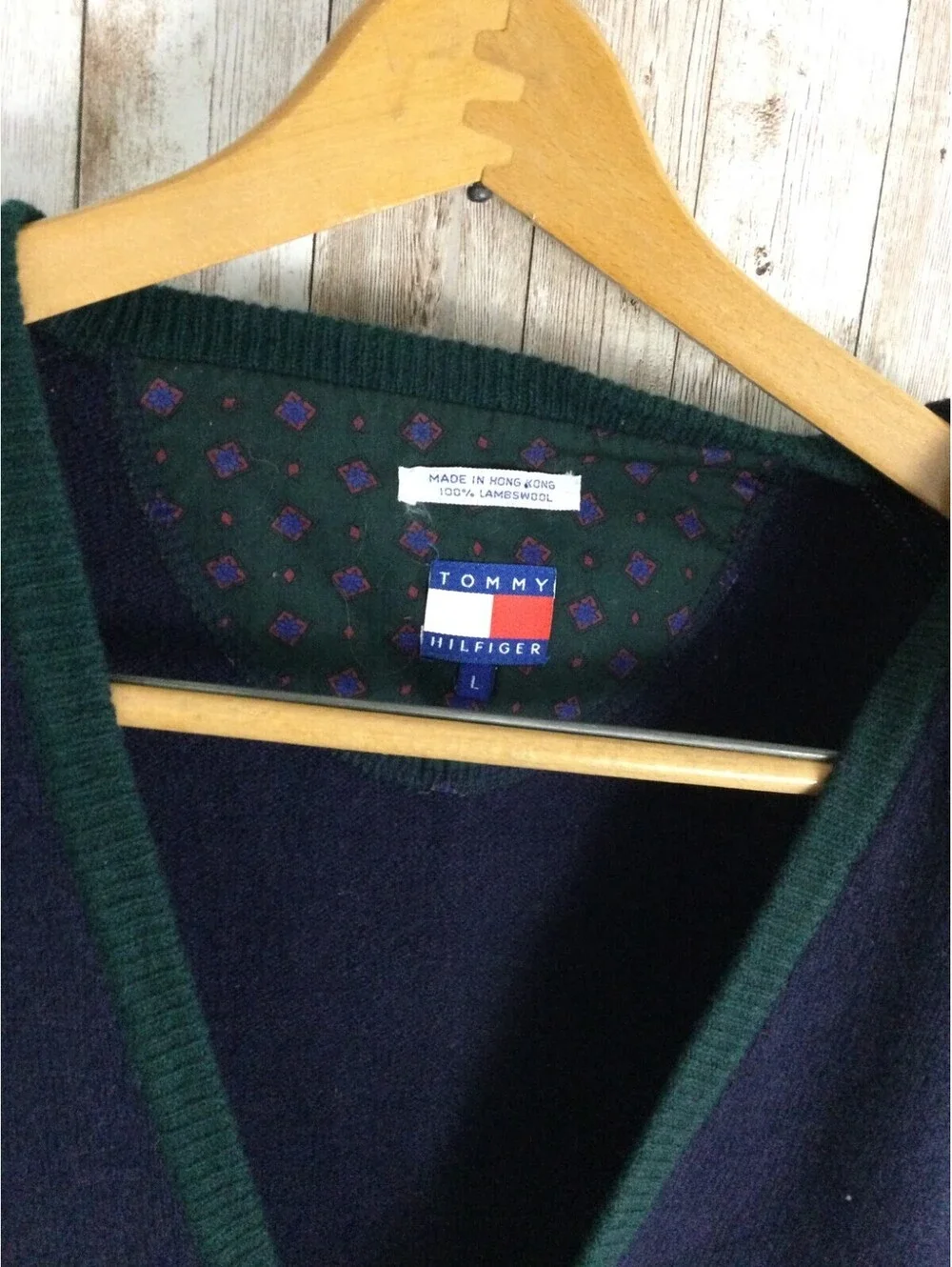 Tommy Hilfiger 100% lambs wool vest vintage size Large Blue Green rare nice